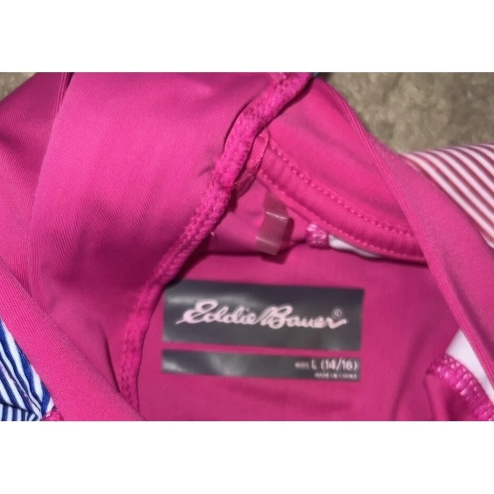Girls Eddie Bauer‎ Large 14-16 Swim Sun Shirt Pink Zip Short Sleeve